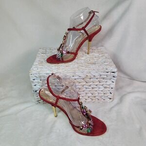 Bcbgeneration Lisa T-Strap Sandals Red Leather Jeweled Stiletto 9B Party Starlet